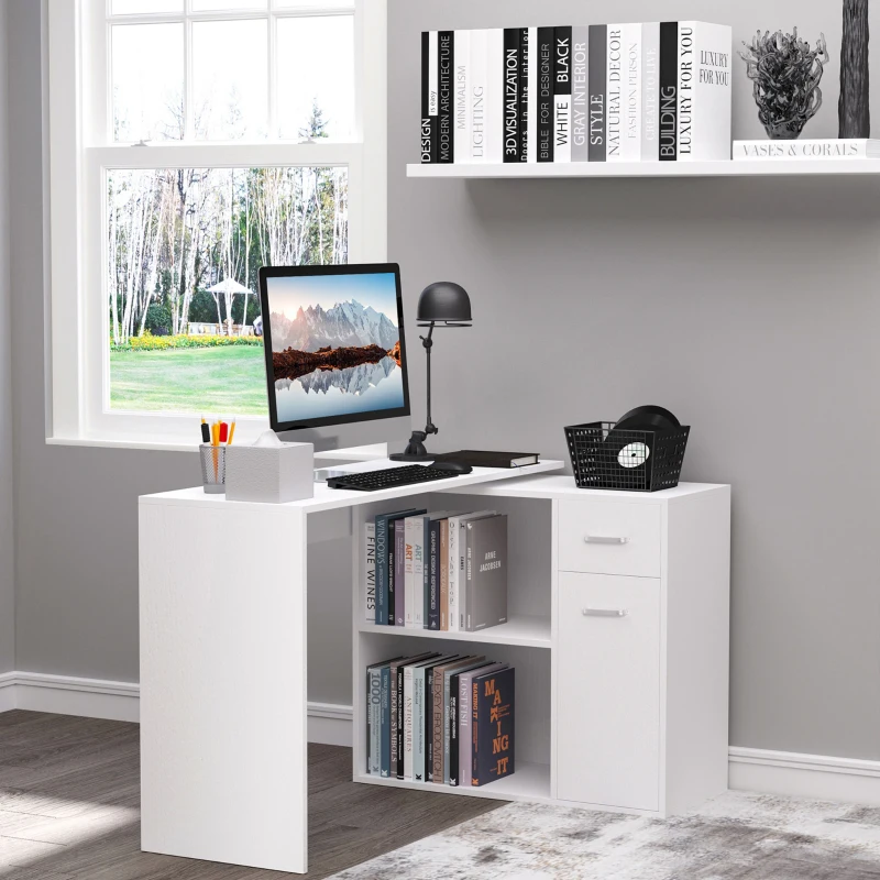 HOMCOM 180° Rotating Home Office Corner Desk Storage Shelf Cabinet White