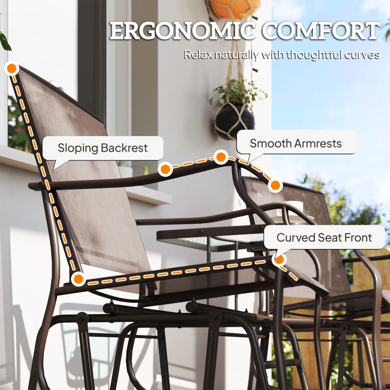 Outsunny Patio Double Glider Chair with Glass Top Center Table, Outdoor Glider Chair with High Back,  Sling Fabric for Garden, Bench, Brown