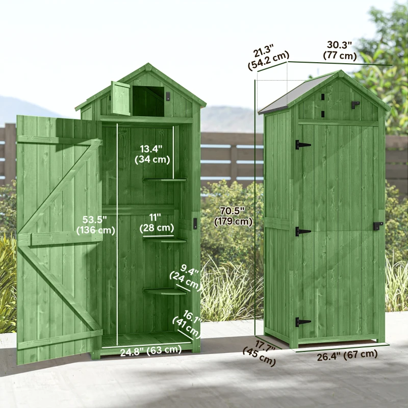 Outsunny 30" x 21" x 71" Garden Storage Shed, Outdoor Tool Utility Storage House  with 3 Tier Shelves and Roof, Green