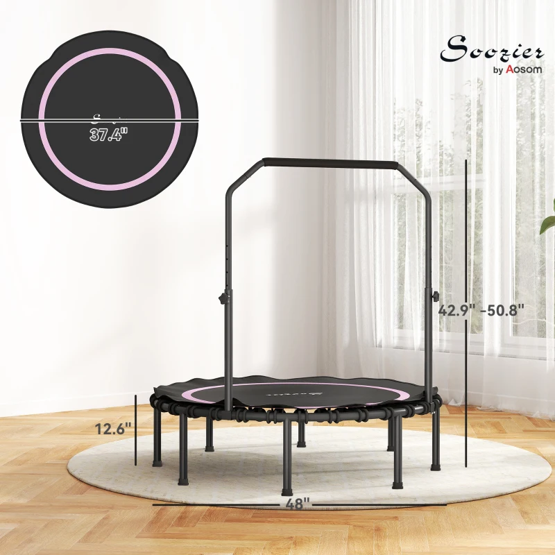 Soozier 48" Rebounder Trampoline for Adults, Foldable Mini Trampoline with Adjustable Handle Bar for Indoor Outdoor, Pink