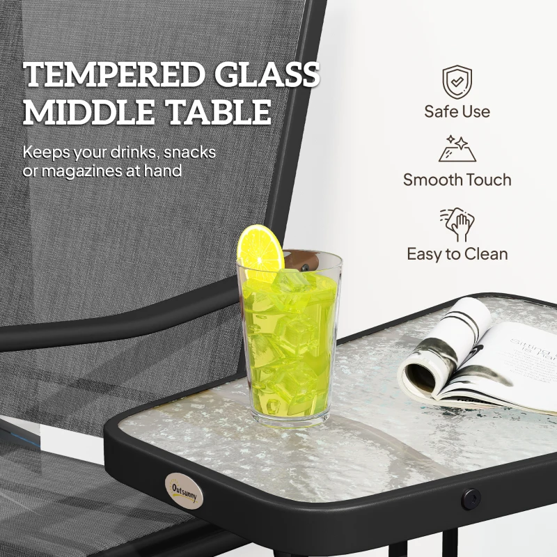 Outsunny Patio Double Glider Chair with Glass Top Center Table, Outdoor Glider Chair with High Back,  Sling Fabric for Garden, Bench, Black