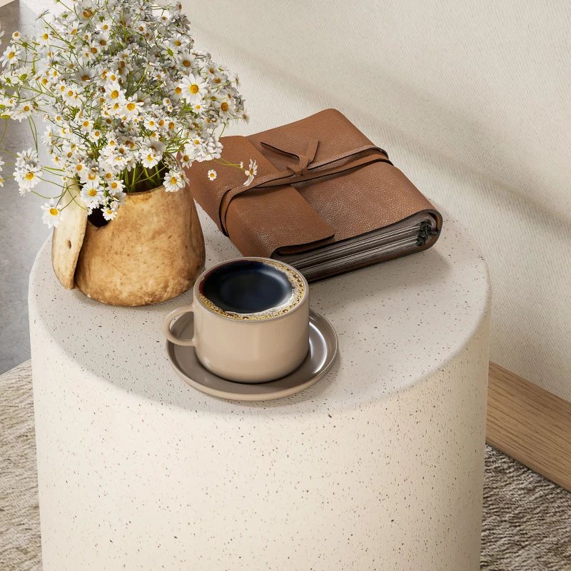 HOMCOM Terrazzo Finish Side Table, 17" Round End Table for Indoor and Outdoor, Cream White