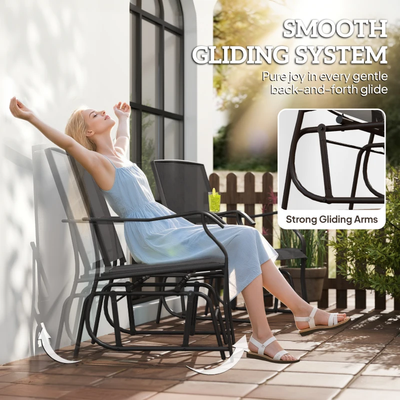 Outsunny Patio Double Glider Chair with Glass Top Center Table, Outdoor Glider Chair with High Back,  Sling Fabric for Garden, Bench, Black