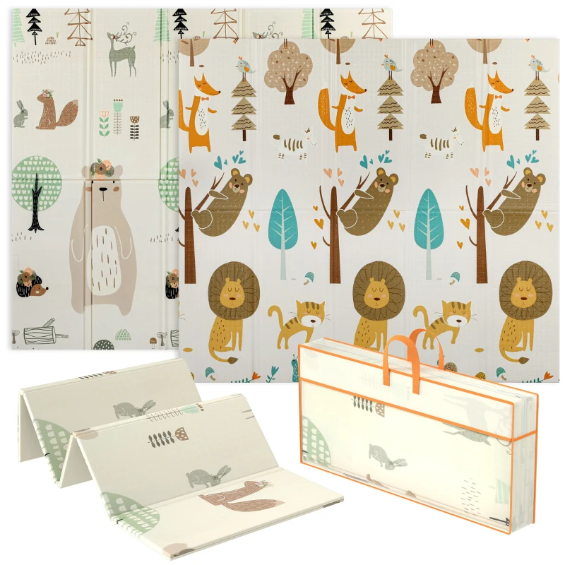 Qaba Double Sided Baby Play Mat, Reversible & Waterproof Foldable Crawling Mat, Animal Theme