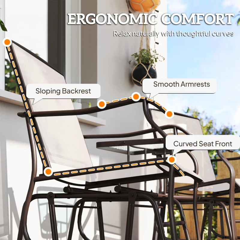 Outsunny Patio Double Glider Chair with Glass Top Center Table, Outdoor Glider Chair with High Back,  Sling Fabric for Garden, Bench, Beige