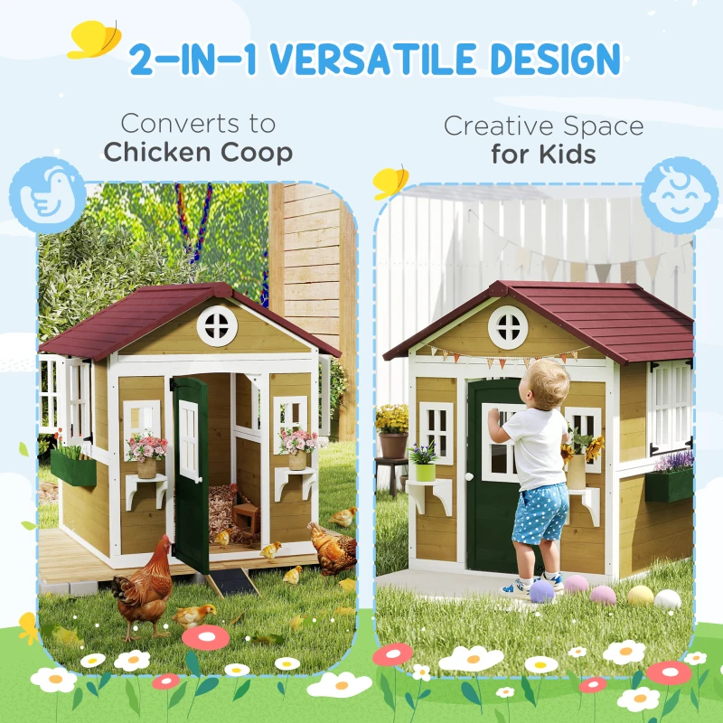 Outsunny Wooden Playhouse for Kids Outdoor with Doors, Windows, Planter Pots and Boxes for Toddlers 3-8 Years, Beige