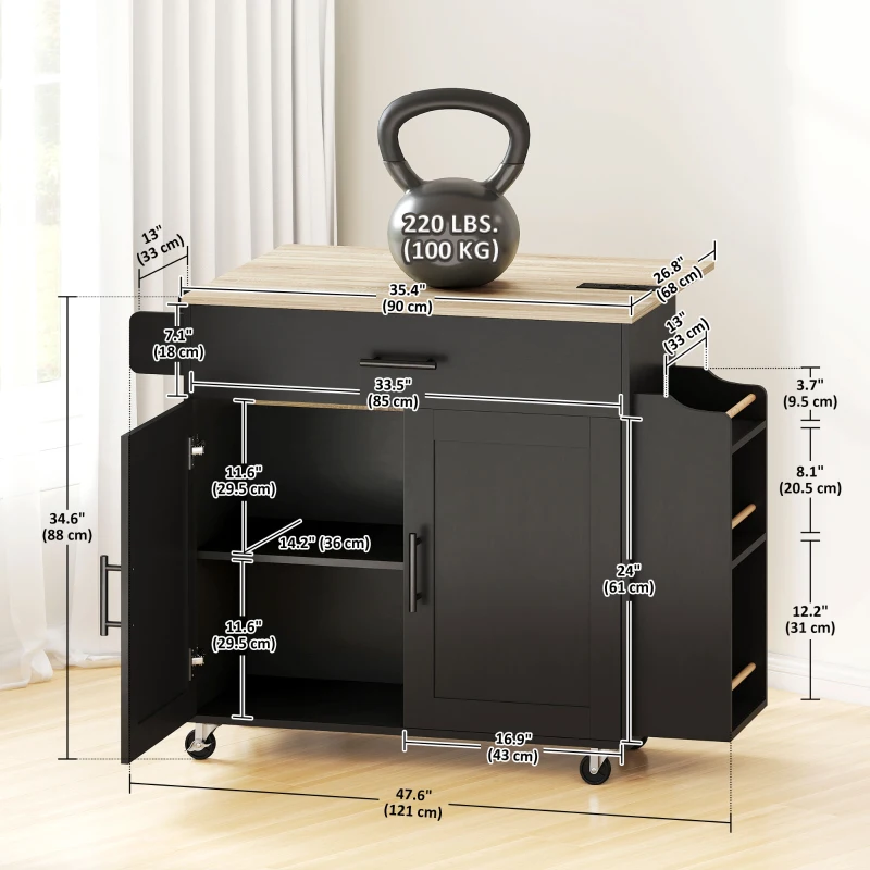 HOMCOM Kitchen Island with Storage, Rolling Kitchen Cart with Foldable Drop Leaf, Power Outlet and USB Ports, Black