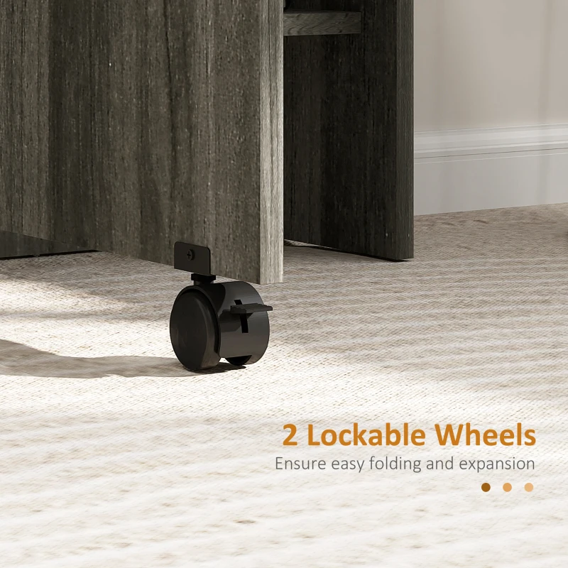 HOMCOM Extendable Dining Table, Collapsible Folding Table w/ 2-tier Shelves and Rolling Casters, Grey Wood Grain