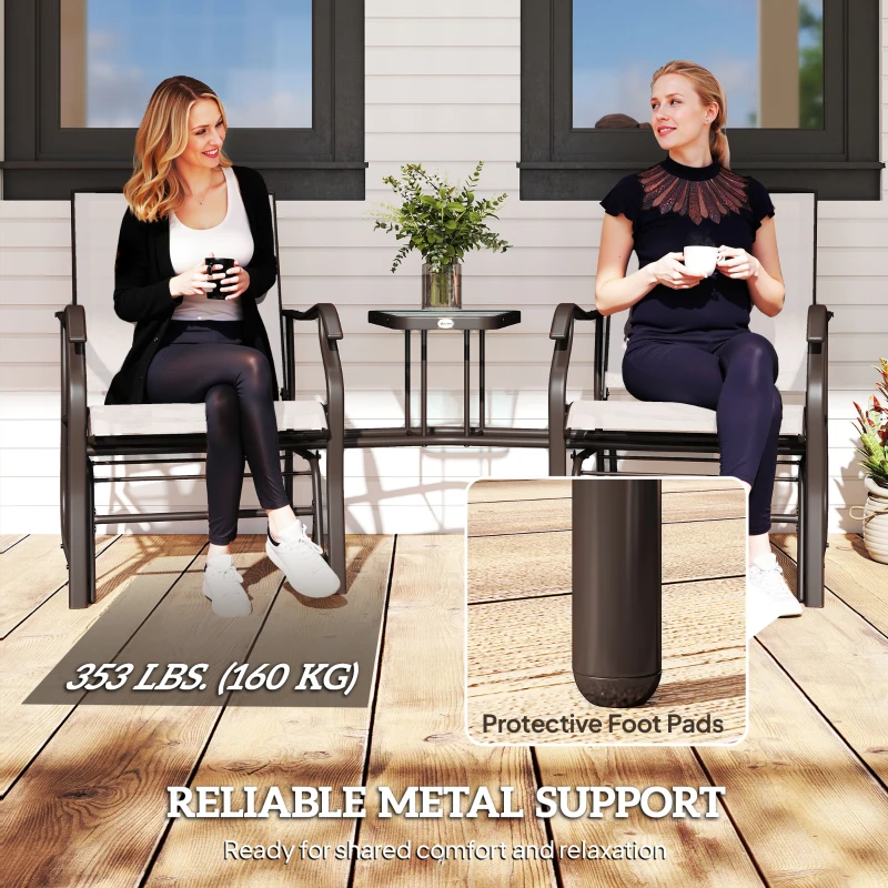 Outsunny Patio Double Glider Chair with Glass Top Center Table, Outdoor Glider Chair with High Back,  Sling Fabric for Garden, Bench, Beige