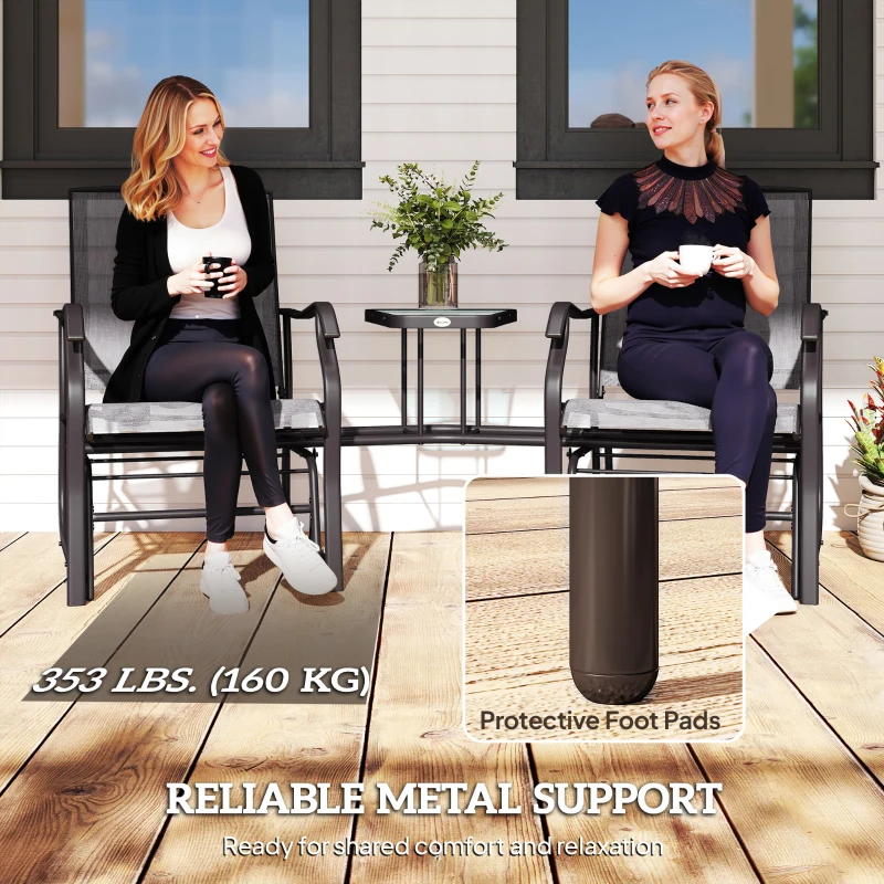 Outsunny Patio Double Glider Chair with Glass Top Center Table, Outdoor Glider Chair with High Back,  Sling Fabric for Garden, Bench, Grey