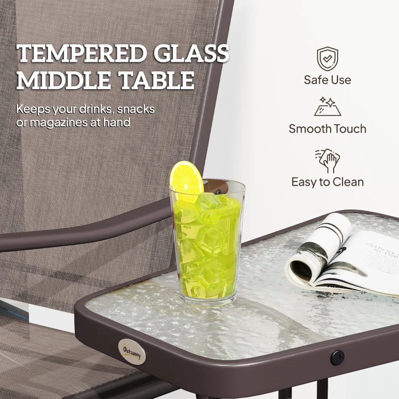 Outsunny Patio Double Glider Chair with Glass Top Center Table, Outdoor Glider Chair with High Back,  Sling Fabric for Garden, Bench, Brown