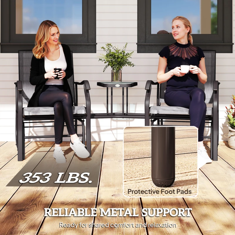 Outsunny Outdoor Glider Chairs with Coffee Table, Patio 2-Seat Rocking Chair Swing Loveseat with Breathable Sling for Backyard, Garden, and Porch, Gray