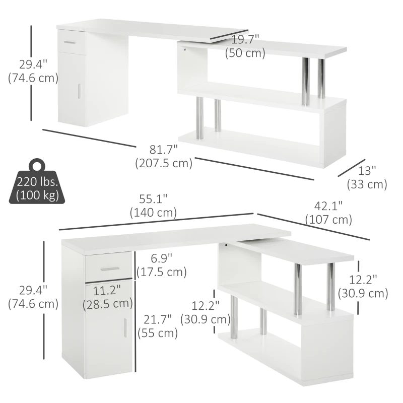 HOMCOM L-Shaped Rotating Computer Desk Home Office Study Workstation with Storage Shelves, Cabinet and Drawer for Home & Office, White