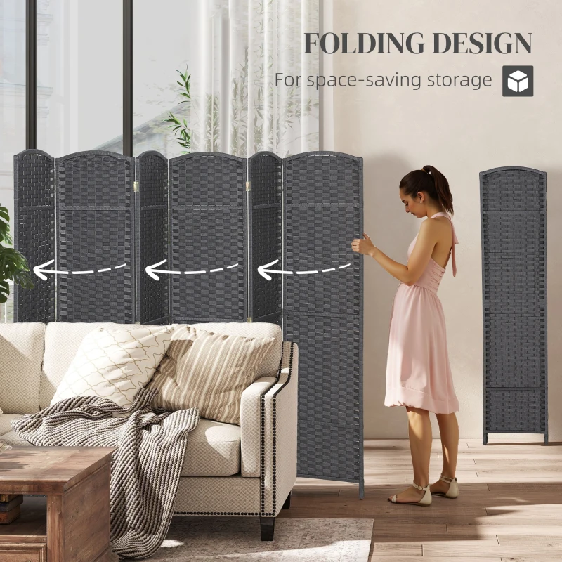 HOMCOM Folding Room Divider Screen 6 Panel 5.6' Tall Privacy Screen Freestanding Room Partition for Home Office, Charcoal Gray