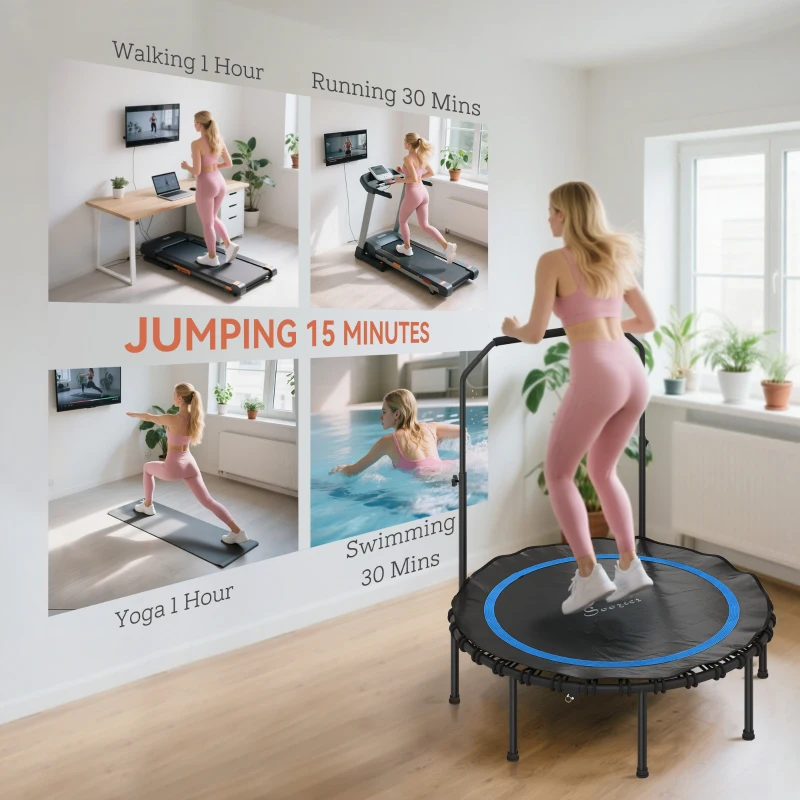 Soozier 48" Rebounder Trampoline for Adults, Foldable Mini Trampoline with Adjustable Handle Bar for Indoor Outdoor, Blue