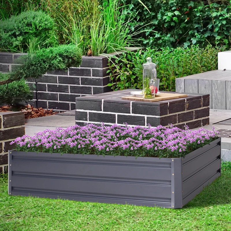 Outsunny 47.3"x47.3" Raised Garden Bed Galvanized Planter Garden Box Kit Set Raised Fence Garden Bed Planter 4-Panel Galvanized Steel Grey