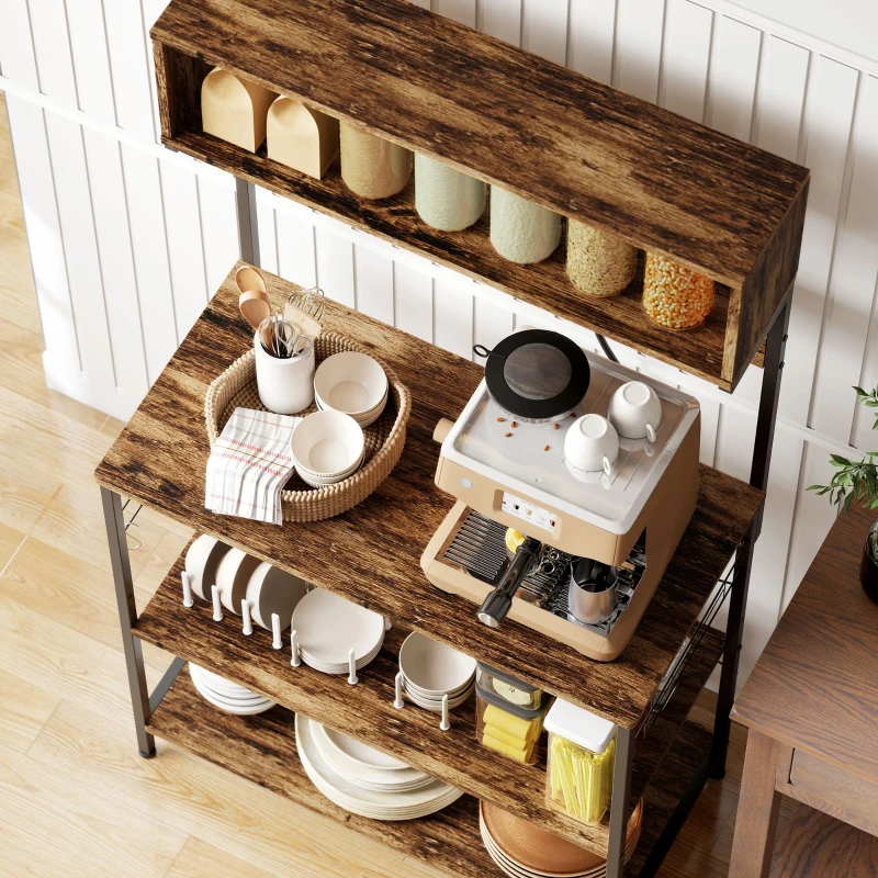 HOMCOM Baker's Rack with Charing Station, Microwave Shelf with Power Outlet, USB Charger and 5 Hooks, Rustic Brown