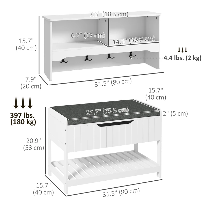 HOMCOM Wall Mounted Coat Rack with Shoe Storage Bench, Hall Tree and Bench, Clothes Hanger Rack with Shelves for Hallway White