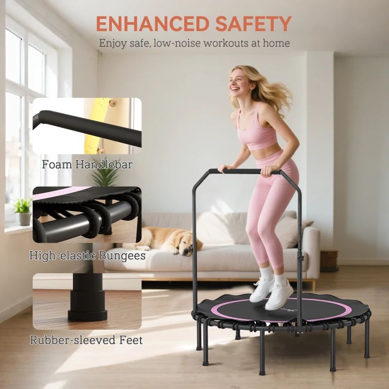 Soozier 48" Rebounder Trampoline for Adults, Foldable Mini Trampoline with Adjustable Handle Bar for Indoor Outdoor, Pink