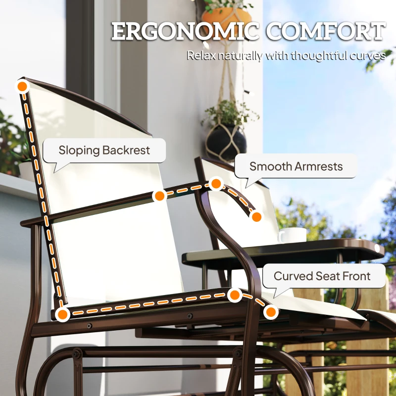 Outsunny Outdoor Glider Bench with Center Table, Metal Frame Patio Loveseat with Breathable Mesh Fabric and Armrests for Backyard Garden Porch, Beige