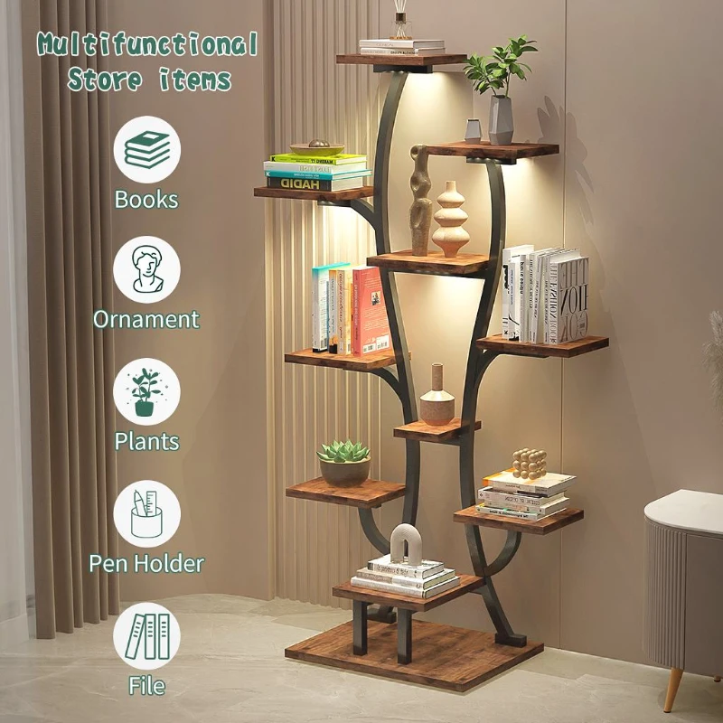 Indoor Plant Stand with Adjustable Grow Lights, Metal Vase-Shaped Plant Holder for Patio, 21.5″ L x 10″ W x 64.5″ H, Black+Dark Walnut