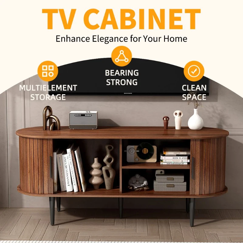 47" Modern TV Stand with Sliding Door, Gaming Entertainment Center with Storage Compartment and Cabinet, 47" L x 16" W x 21.5" H, Walnut