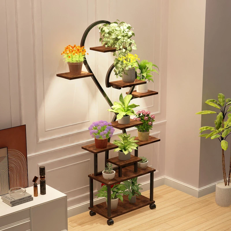 Heart-Shaped Indoor Plant Stand with Grow Lights, S-Shaped Rack for Home and Patio, 35.5″ L x 10″ W x 65″ H, Black+Dark Walnut