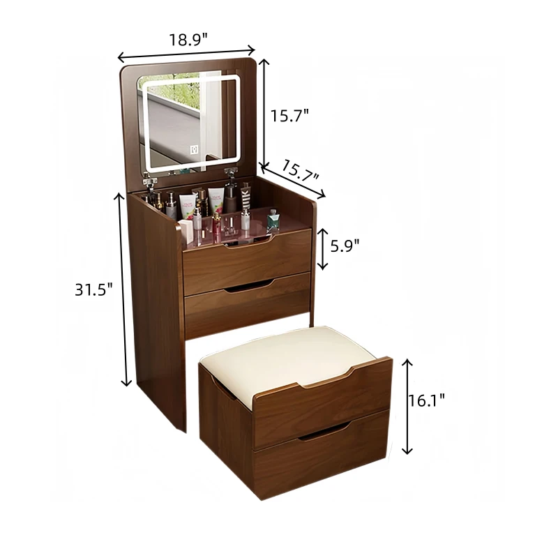 3-in-1 Vanity Desk with Flip Top Mirror, Compact Makeup Vanity Set with Visible Glass Desktop and 3 Drawers, 20" L x 16" W x 31.5" H, Walnut