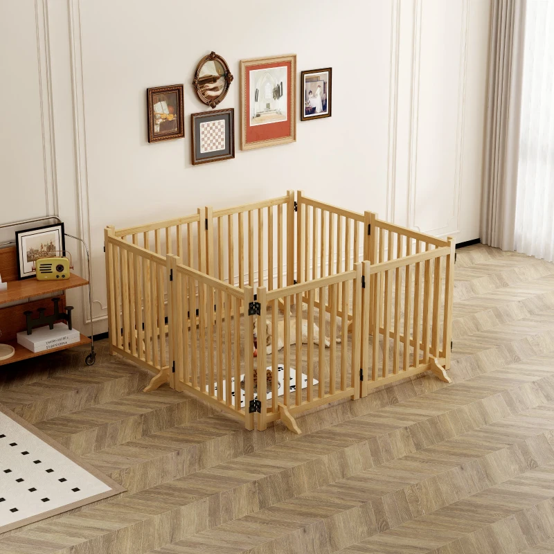 8-Panel Wooden Freestanding Dog Gate with Folding Design, Indoor Pet Fence for Dogs, No Assembly Required, 192.5″ L x 31″ H, Natural