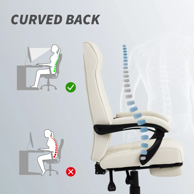 Vinsetto Office Chair, High Back Desk Chair, Swivel Recliner with Adjustable Height, Footrest and Padded Armrest, Cream White