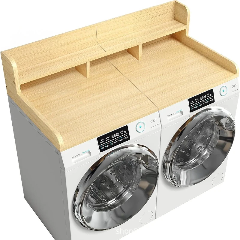Practical Washer Dryer Countertop with Non-slip Pads, Wood Shelf Topper with Edge, Double Layer Organizer, 54" L x 27.5" W x 12" H, Oak