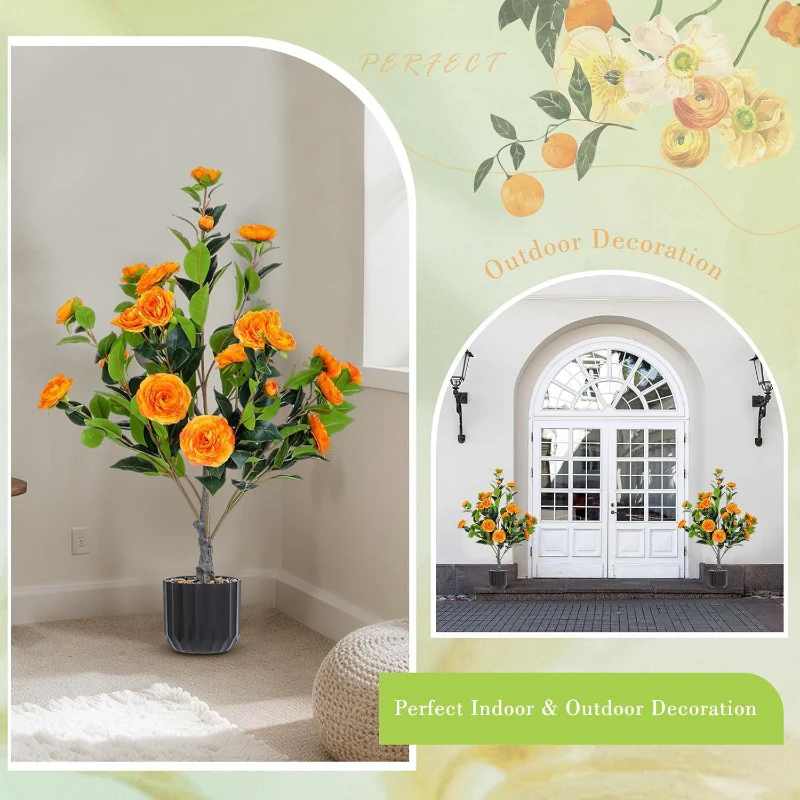 36" Faux Camellia Plant in Pot with Orange Flowers, Artificial Camellia Tree 2-Pack for home or office decor, 26.5" L x 6" W x 36" H, Black+Orange