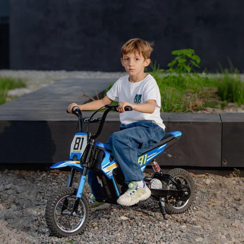Qaba 24V Kids Motorcycle, Electric Dirt Bike with 250W Motor, Up to 9.9 MPH, 12" Inflatable Tires and Rear Suspension, Blue