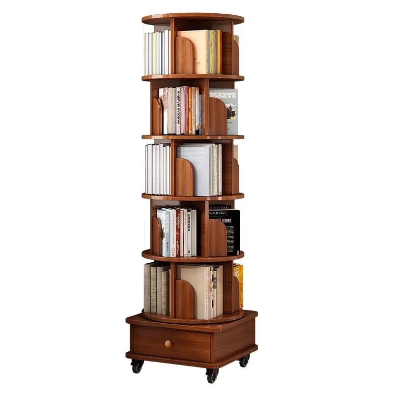 6-Tier Rotating Bookshelf with Wheels, 360° Display Corner Bookcase, Wood Organizer for Study Room, 18″ L x 18″ W x 69″ H, Walnut Brown