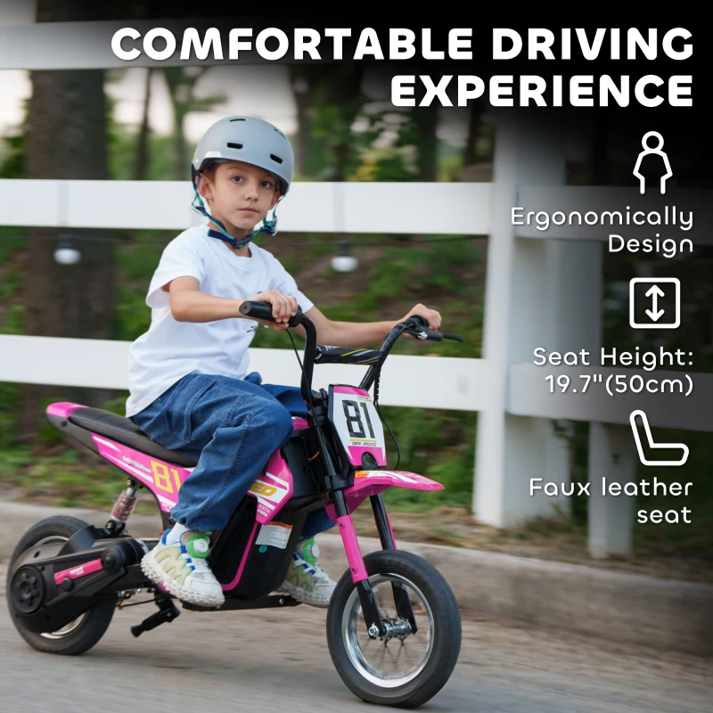 Qaba 24V Kids Motorcycle, Electric Dirt Bike with 250W Motor, Up to 9.9 MPH, 12" Inflatable Tires and Rear Suspension, Pink