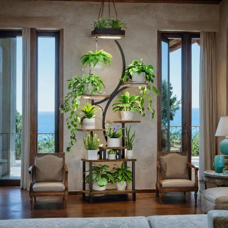 8-Tier Indoor Plant Stand with Grow Lights, Metal Plant Shelf, S-Shaped Design for Home and Patio, 19.5" L x 10" W x 61" H, Black+Dark Walnut