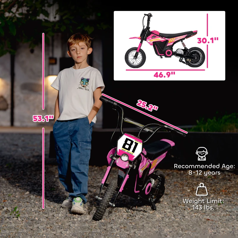 Qaba 24V Kids Motorcycle, Electric Dirt Bike with 250W Motor, Up to 9.9 MPH, 12" Inflatable Tires and Rear Suspension, Pink