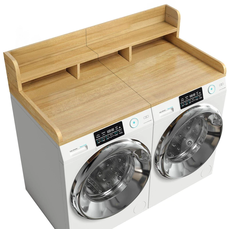 Double Layer Practical Washer Dryer Countertop with Non-slip Pads, Laundry Wood Shelf Topper with Edge, 54" L x 27.5" W x 12" H, Natural