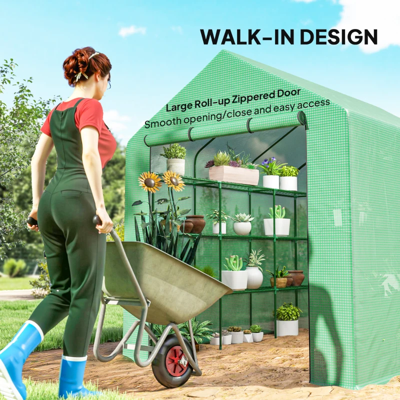 Outsunny Outdoor Walk-in Greenhouse with Roll-up Zipper Door, 18 Shelves, PE Cover, 95.25" x 70.75" x 82.75", Green