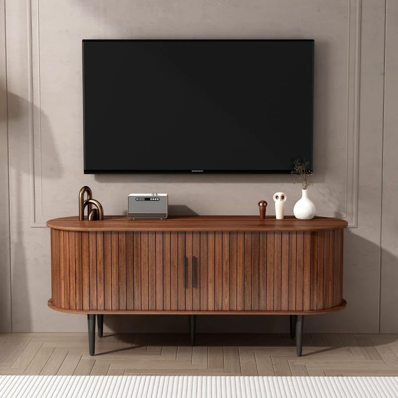 47" Modern TV Stand with Sliding Door, Gaming Entertainment Center with Storage Compartment and Cabinet, 47" L x 16" W x 21.5" H, Walnut