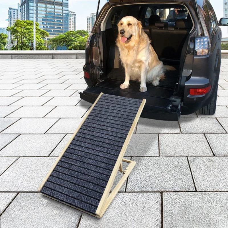 Dog Ramp with Extra Wide Non-Slip Rubber Surface, Foldable Pet Ramp for Bed, Adjustable Solid Wood Design, 39.5″ L x 16″ W x 23.5″ H, Natural
