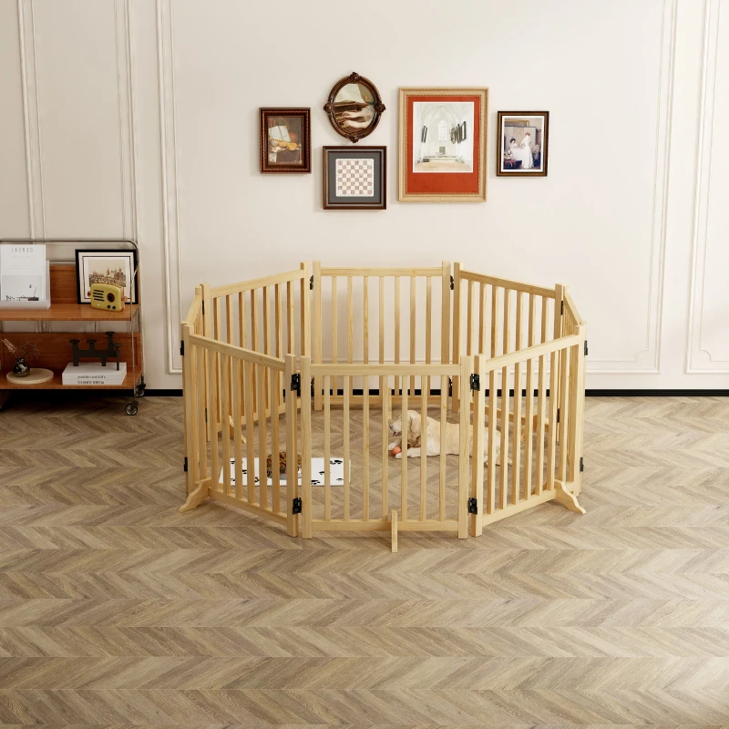 8-Panel Wooden Freestanding Dog Gate with Folding Design, Indoor Pet Fence for Dogs, No Assembly Required, 192.5″ L x 31″ H, Natural