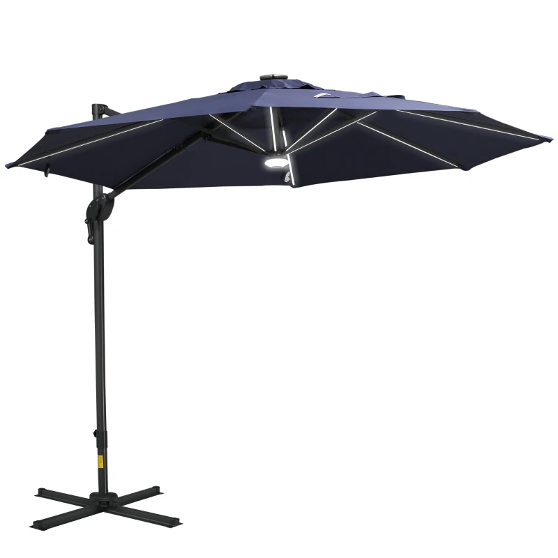 Outsunny 10ft Solar LED Cantilever Patio Umbrella, Aluminum Hanging Offset Umbrella Outdoor Sun Shade with 360 Degree Rotation, Lights, Tilt, Crank, Cross Base, Dark Blue