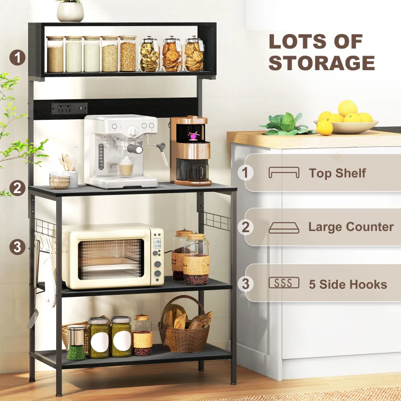 HOMCOM Baker's Rack with Charing Station, Microwave Shelf with Power Outlet, USB Charger and 5 Hooks, Black