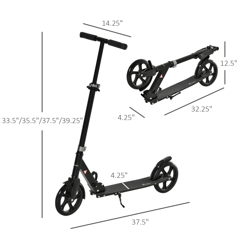 Soozier Kick Scooter for 12 Years and Up, Folding Scooter with 3-Level Height Adjustable Handlebar, Big Wheels and Rear Wheel Brake, Black