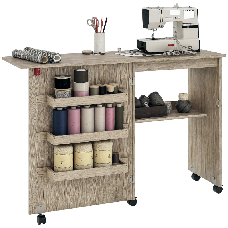 HOMCOM Sewing Machine Cabinet, Folding Sewing Table with Storage Shelf, Bins and Lockable Wheels for Small Space, Grey