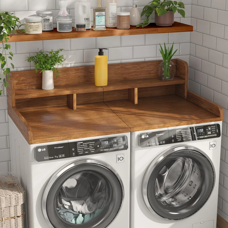 Practical Washer Dryer Countertop with Non-slip Pads, Double Layer Laundry Wood Shelf Topper with Edge, 54" L x 27.5" W x 12" H, Walnut