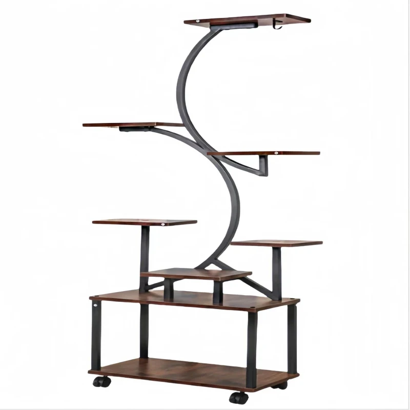 8-Tier Indoor Plant Stand with Grow Lights, Metal Plant Shelf, S-Shaped Design for Home and Patio, 19.5" L x 10" W x 61" H, Black+Dark Walnut