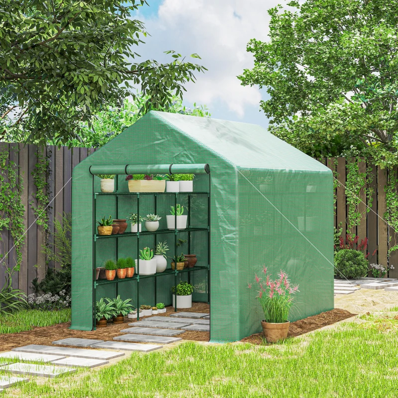 Outsunny Outdoor Walk-in Greenhouse with Roll-up Zipper Door, 18 Shelves, PE Cover, 95.25" x 70.75" x 82.75", Green