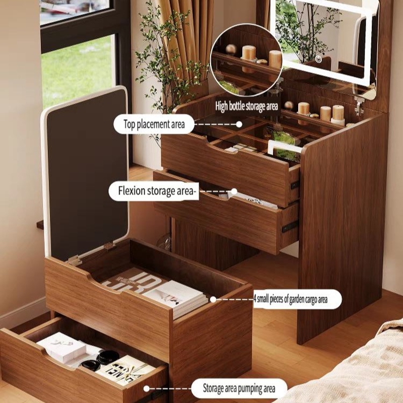 3-in-1 Vanity Desk with Flip Top Mirror, Compact Makeup Vanity Set with Visible Glass Desktop and 3 Drawers, 20" L x 16" W x 31.5" H, Walnut